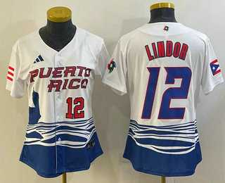Women%27s Puerto Rico Baseball #12 Francisco Lindor Number 2023 White World Classic Stitched Jerseys->2023 world baseball classic->MLB Jersey